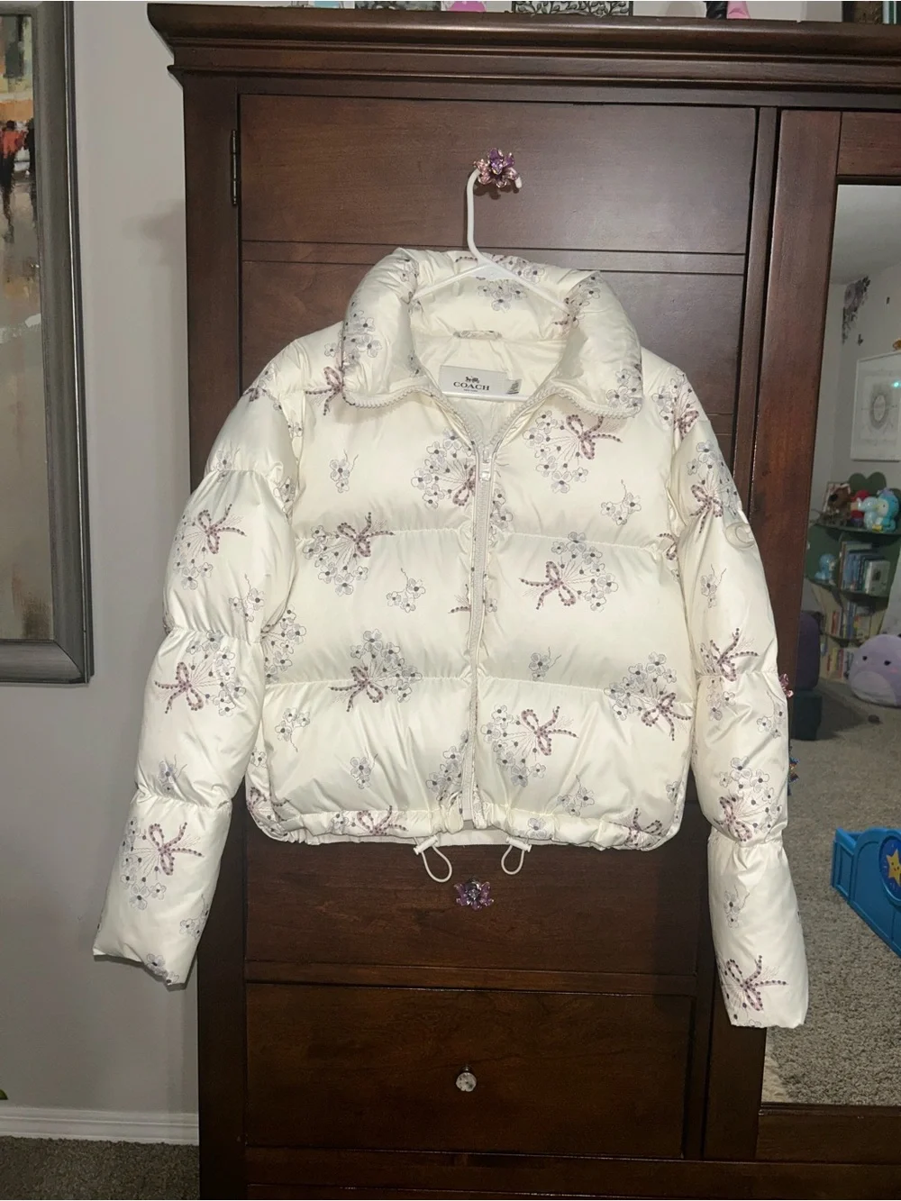 NWOT! Coach Off- White Floral Bow Print Puffer Jacket with Hood size S